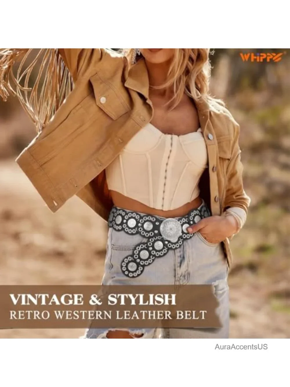Vintage Western PU Leather Disc Waist Belt with Concho for Dress Jeans